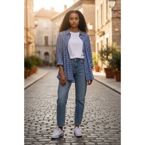 QUIZZ WOMAN Blue Plaid Stretch Button Up‎ Shirt Tunic Size 18